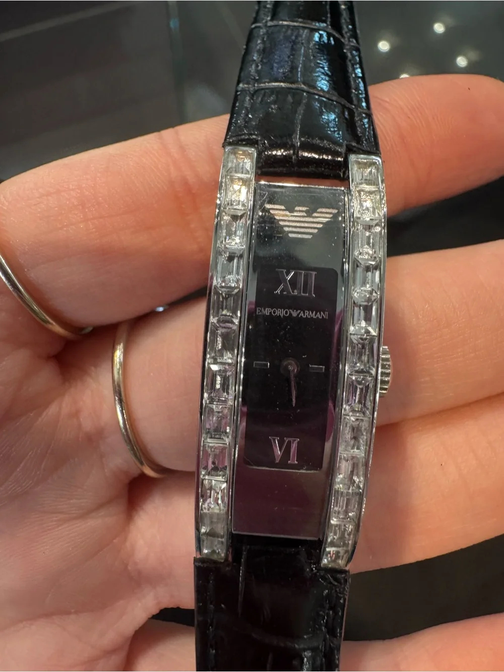 Emporio Armani Women's Slimline Rectangular Watch - Crystal Bezel & Black strap